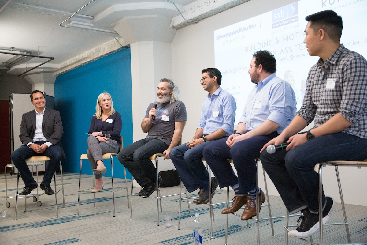 My fellow moderator, Stephanie Zeppa from Sheppard Mullin, sits with, from left, AdRoll’s Aaron Bell, Floodgate’s Arjun Chopra, Cisco’s David Ulevitch and Luxe’s Curtis Lee.